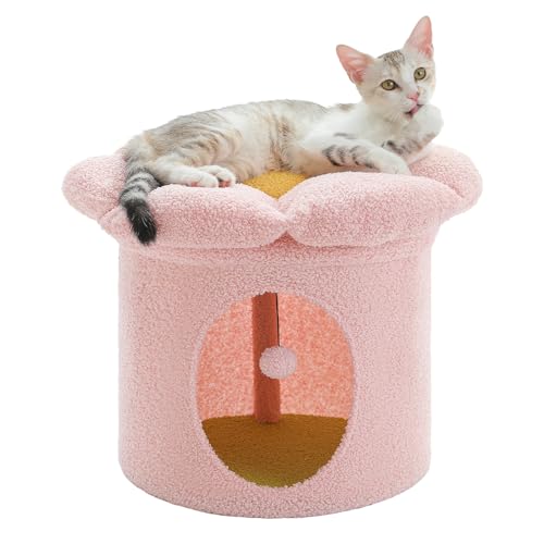 PETEPELA 39,9 cm Blumen-Katzenbett, niedliches Blumen-Katzenhaus mit geräumigem Design und weichem Material, Katzenhaus mit interaktivem hängenden Ball für Indoor-Katzen, Rosa von PETEPELA