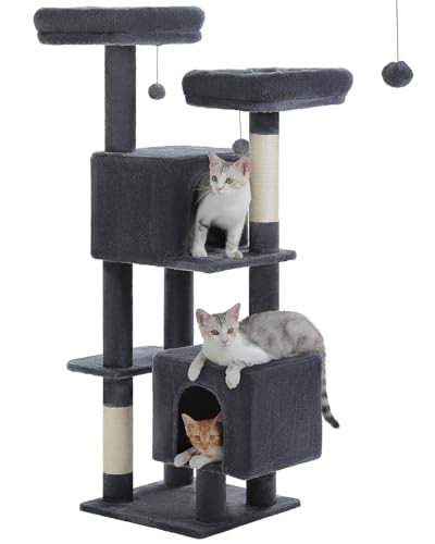 PETEPELA Blumen-Kratzbaum für Katzen, 133 cm niedlicher Katzenbaum für Hauskatzen mit 2 gepolsterten Blumen-Sitzflächen, 2 Höhlen 2 Kratzsäulen, Pink (grau) von PETEPELA