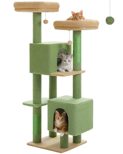 PETEPELA Blumen-Kratzbaum für Katzen, 133 cm niedlicher Katzenbaum für Hauskatzen mit 2 gepolsterten Blumen-Sitzflächen, 2 Höhlen 2 Kratzsäulen, grün von PETEPELA