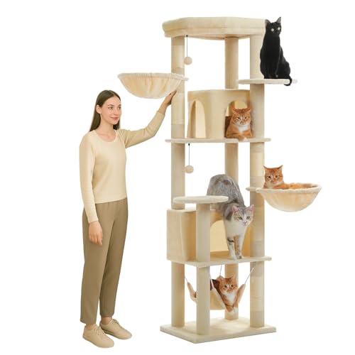 PETEPELA Hoher Kratzbaum für Große Katzen, 181 cm Katzenbaum mit Hängematte, 5 Kratzpfosten, 2 Schlafhäusern & XL Plattform – Stabiles Katzenspielzeug, Kletterturm für Schwergewichtskatzen, Beige von PETEPELA