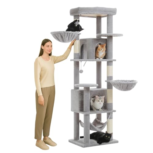 PETEPELA Hoher Kratzbaum für Große Katzen, 181 cm Katzenbaum mit Hängematte, 5 Kratzpfosten, 2 Schlafhäusern & XL Plattform – Stabiles Katzenspielzeug, Kletterturm für Schwergewichtskatzen, Grau von PETEPELA