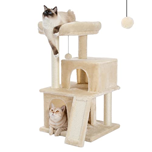 PETEPELA Katzenbaum Kratzbaum Kratzbäume Katzenmöbel mit Sisal-Seil Plüsch Liege höhlen Spielhaus Spielzeug für Katzen Beige von PETEPELA