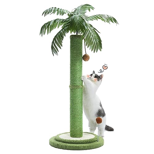 PETEPELA Katzenkratzbaum mit interaktiven Spielzeugbällen, 83,8 cm hohe Kratzbäume für große Katzen mit Palmblättern und verstärktem Boden, hoher Sisal-Kratzbaum für Indoor-Katzen, Grün von PETEPELA