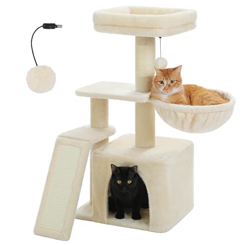 PETEPELA Kleiner Kratzbaum für Indoor-Katzen, 81,3 cm, niedlicher Katzenturm, Katzenhaus mit Sisal-Kratzrampe, gemütlicher Hängematte und abnehmbarer Sitzstange für Kätzchen, Beige von PETEPELA