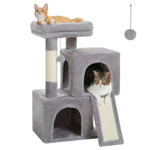 PETEPELA Kratzbaum 77cm mit Dual Condos für Wohnungskatzen, All-in-One-Katzenhaus mit gepolsterter Sitzstange und Pfosten und austauschbaren Bällen Grau von PETEPELA