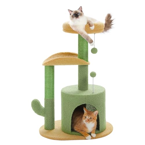 PETEPELA Kaktus Kratzbaum klein 84cm moderner Katzenzbaum abziehbar top Bett, Plüsch Höhle, 2 Sisalsäulen, 2 Spielbälle, grün von PETEPELA
