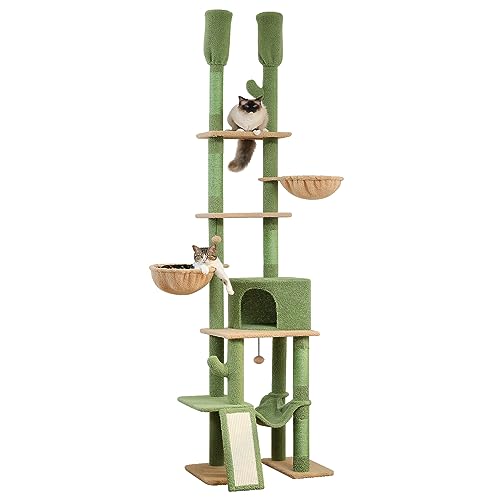 PETEPELA Kaktus Kratzbaum deckenhoch Katzenturm mit großen Condo einstellbare Höhe 216cm-285cm, 5 Tiers Katzensaktivitätszentrum mit gemütlichen Hängematte, Plattformen und Dangling Balls von PETEPELA