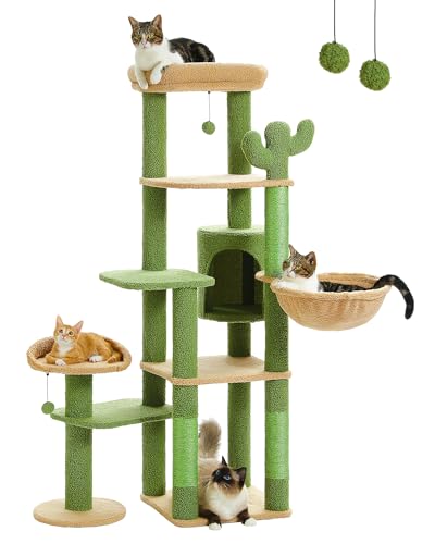 PETEPELA 150cm Kaktus Kratzbaum, hoher Kratzbaum für große Katze, mehrstöckiger Katzenturm, Kratzbaum für Wohnungskatzen, Katzenwohnung mit großer Hängematte, Kratzbaum und 2 Sitzstangen, grün von PETEPELA