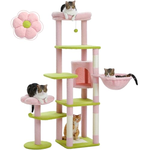 PETEPELA 150cm Kratzbaum, hoher Katzenbaum für große Katze, mehrstöckiger Katzenturm, Katzenkratzbaum für Wohnungskatzen, Katzenwohnung mit großer Hängematte, Kratzsäule und 2 Sitzstangen, rosa von PETEPELA