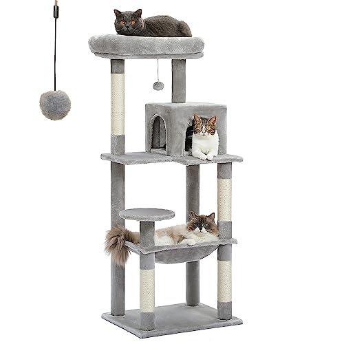 PETEPELA Kratzbaum für Indoor-Katzen, mehrstöckiger Katzenturm mit super großer Hängematte (50,8 x 40,6 cm), mit Sisal überzogene Kratzstämme, gemütliche Höhle und Sitzstange, Grau von PETEPELA