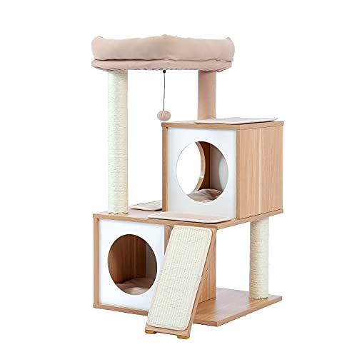 PETEPELA Kratzbaum für Katzen, 89 cm, Katzenturm mit Doppelhöhlen, abnehmbare, geräumige Sitzfläche, vollständig mit Sisal umwickelte Kratzstämme, austauschbare baumelnde Bälle, Beige von PETEPELA