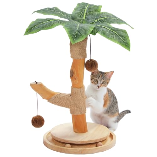 PETEPELA Kratzbaum für Katzen, aus Holz, 45 cm, Blattdesign mit Balltunnel & Sisal, natürlich, 45 cm, Beige von PETEPELA