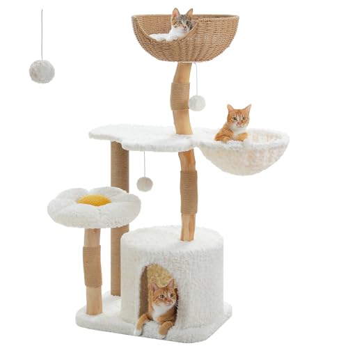 PETEPELA Kratzbaum für große Katzen, 123,2 cm, natürliches Massivholz, Katzenturm mit großem Rattankorb, gemütlicher Wohnsitz und Blumen-Sitzstange, modernes Katzenmöbel für Indoor-Katzen, Weiß PETEPELA Kratzbaum für große Katzen, 123,2 cm, natürliches Massivholz, Katzenturm mit großem Rattankorb, gemütlicher Wohnsitz und Blumen-Sitzstange, modernes Katzenmöbel für Indoor-Katzen, Weiß von PETEPELA