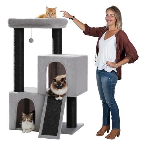 PETEPELA großer Kratzbaum 11cm Dicke Stämme mit extrem großen doppelten Höhle voll Sisal bedeckt geeignet für große Katzen 114cm Schwarz grau Made in EU Qualität von PETEPELA
