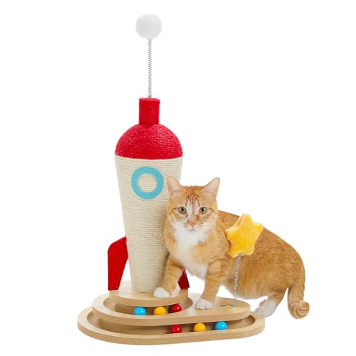 PETEPELA interaktives Katzenspielzeug mit Kratzstamm in Raketenform, Sisal Kratzsäule & Kugelbahn, Federball, aus Massivholz, multifunktional,fördert Krallenpflege & Möbelschütz PETEPELA interaktives Katzenspielzeug mit Kratzstamm in Raketenform, Sisal Kratzsäule & Kugelbahn, Federball, aus Massivholz, multifunktional,fördert Krallenpflege & Möbelschütz von PETEPELA