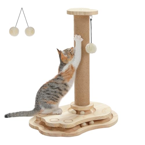 PETEPELA interaktives Katzenspielzeug mit Kratzstamm in Raketenform, Sisal Kratzsäule & Kugelbahn, Federball, aus Massivholz, multifunktional von PETEPELA
