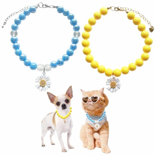 PETFAVORITES Gänseblümchen-Perlen-Katzenhalsband, verstellbare Halskette für Mädchen, Katzen, sicher, leicht, Hochzeitsfeier, Schmuck für kleine Hunde (Blau/Gelb, Größe S) von PETFAVORITES