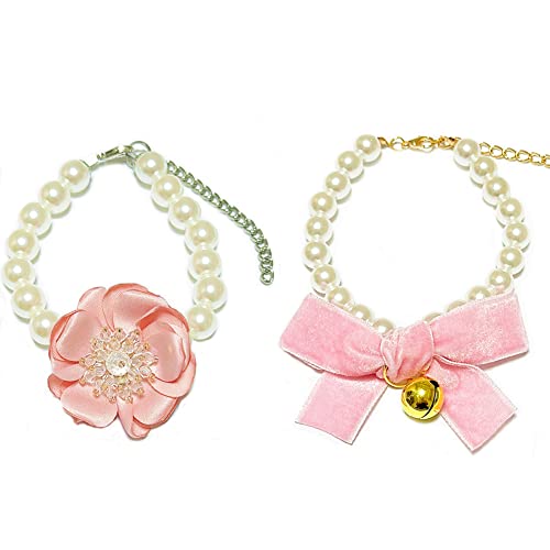 PETFAVORITES Perlen-Hundehalsband und Katzenhalsband für kleine Hunde, Mädchen, Katzen, mit Kristallblume und Samtfliege, 2 Stück, verstellbar und handgefertigt (Rosa, Größe L) von PETFAVORITES