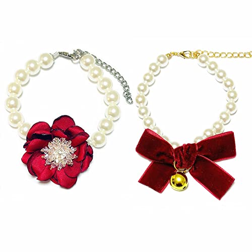 PETFAVORITES Perlen-Hundehalsband und Katzenhalsband für kleine Hunde, Mädchen, Katzen, mit Kristallblume und Samtfliege, 2 Stück, verstellbar und handgefertigt (Rot, Größe M) von PETFAVORITES