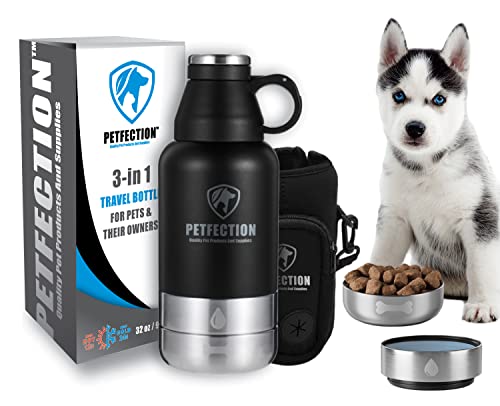 PETFECTION 3-in-1 tragbare Reise-Wasserflasche für Hunde mit Zwei abnehmbaren Wasser- und Futternäpfen, 900 ml, Edelstahl, isoliert, Reise-Wasserflaschenspender für Hunde mit Tragetasche PETFECTION 3-in-1 tragbare Reise-Wasserflasche für Hunde mit Zwei abnehmbaren Wasser- und Futternäpfen, 900 ml, Edelstahl, isoliert, Reise-Wasserflaschenspender für Hunde mit Tragetasche von PETFECTION