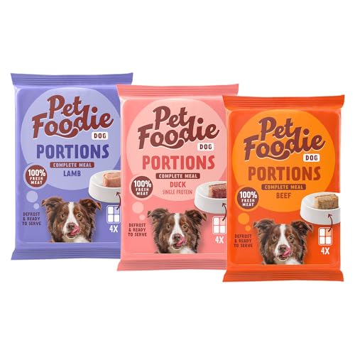 PetFoodie Barf tiefgefroren für Hunde Portions 1x Ente, 2X Rind, 1x Lamm, für kleine & mittlere Hunde glutenfrei, ohne künstliche Farb- & Aromastoffe, schnell serviert 4X (4x60g) TK-Ware von PETFOODIE