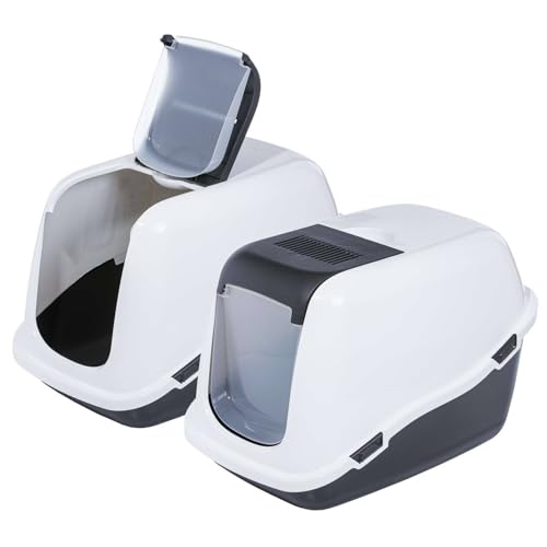2er Sparpack Katzentoilette Katzenklo Haubentoilette mit großer Klappe Weiss-dunkelgrau 57 x 39 x 41 cm von PETGARD