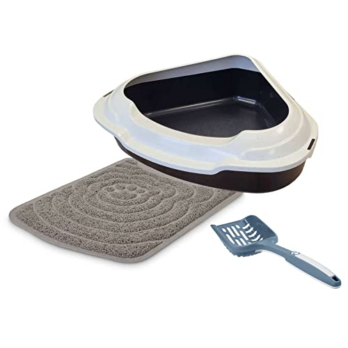 Deluxe Sparpaket Katzentoilette Ecktoilette XXL Schalentoilette Memphis schwarz-weiß + Vorlegematte + Schaufel von PETGARD