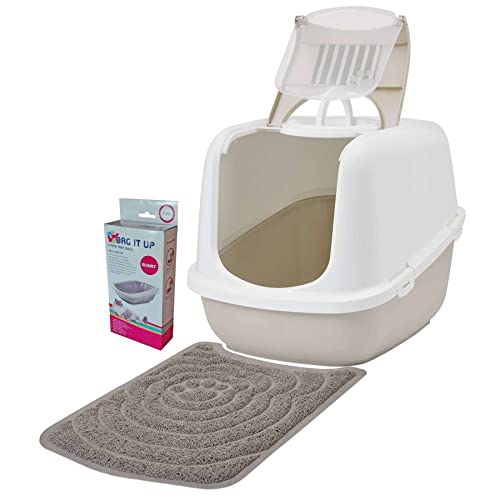 Deluxe Sparpaket Katzentoilette Nestor Jumbo Weiss-beige + Vorlegematte + Beutel von PETGARD