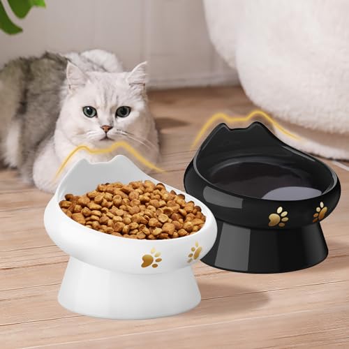 Erhöhte Katzennäpfe, erhöhte Katzennäpfe für Futter und Wasser, 200 ml, für kleine Hunde, Nassfutter, Fütterungssets für Katzen, Schwarz & Weiß von PETHIND