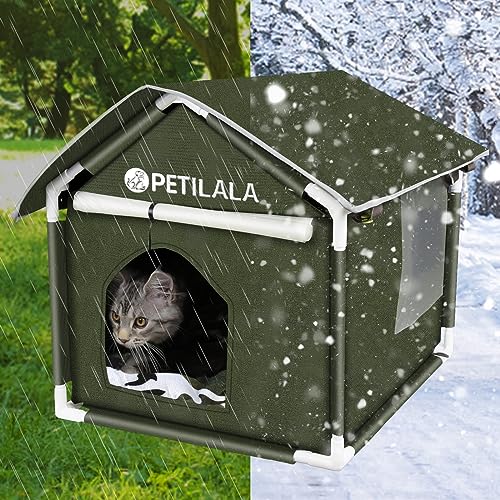 PETILALA Outdoor-Katzenhaus mit dicker Plüschmatte, wetterfest, isoliert, warm, für wilde und streunende Katzen mit Bodennägeln, Katzenverstecken für Winter, Schnee, Regen, Wind, mit Fenster/Vorhang von PETILALA