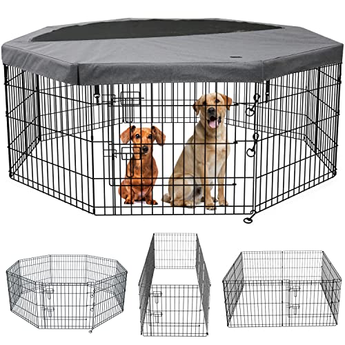 PETIME Faltbarer Metall-Hunde-Laufstall für Welpen, Hofzaun, für drinnen und draußen, 8 Paneele, 61 cm B x 91,4 cm H, mit oberer Abdeckung/unterer Abdeckung, 8 Paneele 91,4 cm H) von PETIME