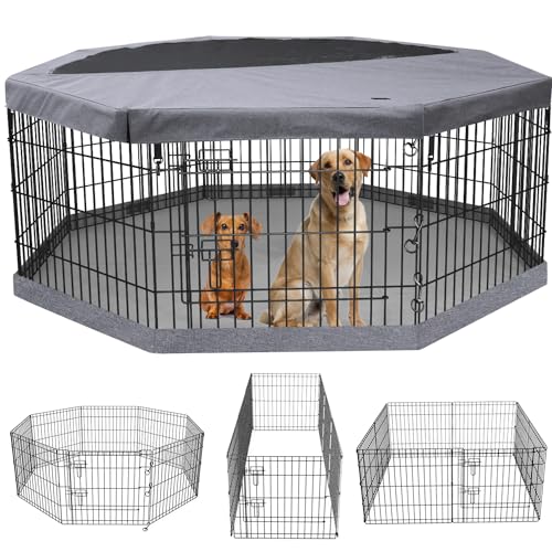 PETIME Zusammenklappbarer Metall-Hunde-Laufstall für Welpen, Hundehütten, Hofzaun, Indoor/Outdoor, 8 Paneele, 61 cm B mit oberer Abdeckung und unterer Polsterung (Laufgitter + Unterseite + obere von PETIME