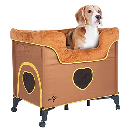 Petique Bedside Lounge Haustierbett, Etagenbett für mittelgroße Haustiere, erhöhtes Loungebett für Katzen und Hunde, Löwenhöhlen-Design, Braun, 99 cm L x 57 cm B x 84 cm T von Petique