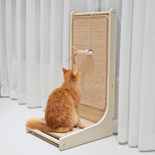 Katzenkratzbrett, Sisal-Kratzmatte, L-förmiges Kratzbrett für Wohnungskatzen, Bodenmontierter Kratzer mit Spielzeugmaus und Katzenminze von PETKARAY