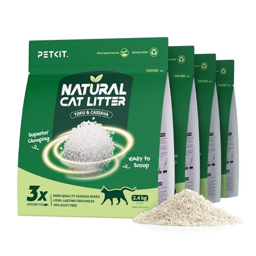 PETKIT Klumpende Katzenstreu Pflanzenbasiert, 9,6 kg,100% Natürlich, Staubfrei, Geruchsneutralisierend, Biologisch Abbaubar, Kein Verkleben, Einfach zu Schaufeln,4X 2,4 kg Beutel von PETKIT