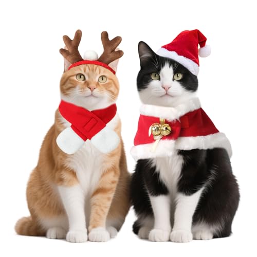 PETLESO 4 Stück Katze Weihnachten Outfit Rentier Geweih Stirnband Nikolausmütze Schal Umhang Katze Santa Outfit Hund Xmas Kostüm Geschenk für kleine Hunde Katzen Rot PETLESO 4 Stück Katze Weihnachten Outfit Rentier Geweih Stirnband Nikolausmütze Schal Umhang Katze Santa Outfit Hund Xmas Kostüm Geschenk für kleine Hunde Katzen Rot von PETLESO
