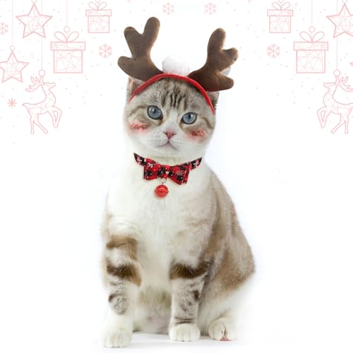 PETLESO Katzen Weihnachtskostüm Weihnachten Geweih-Kopfbedeckung und Katzenhalsband für Katzen Welpen Weihnachtsoutfit Weihnachten für Katzen/Kleiner Hund von PETLESO