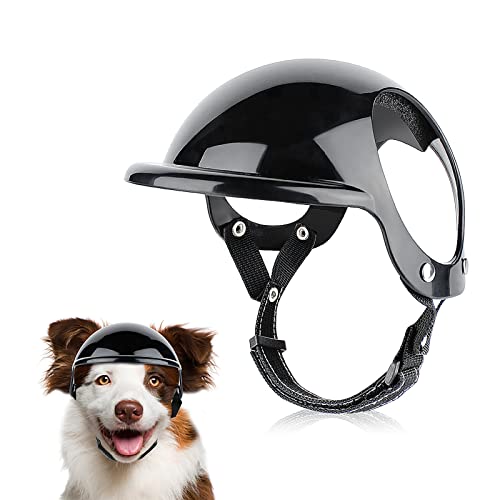 PETLESO Haustierhelm Hund-Motorradhelm Hundehut mit Verstellbarem Stirnband Schutzhelm mit Ohrlöchern zum Stabilen und Bequemen Tragen für Outdoor-Aktivitäten beim Motorradfahren (Schwarz-M) von PETLESO