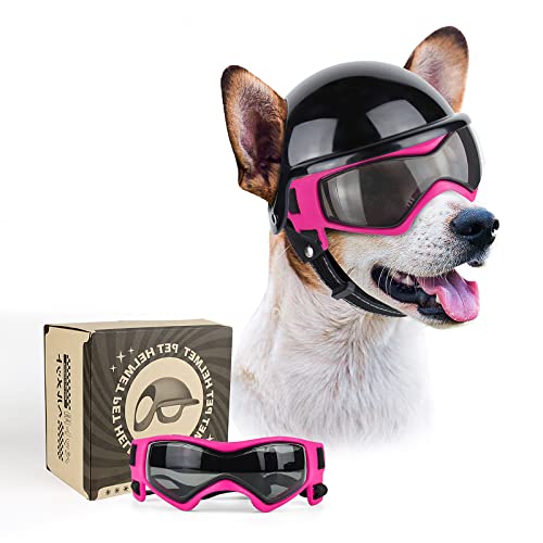 PETLESO Hundebrille für kleine Hunde mit Helm, 2-teiliges Set mit Helm und Sonnenbrille, für kleine, mittelgroße Hunde, Outdoor, Fahren, Spazierengehen, Radfahren, Rosa von PETLESO