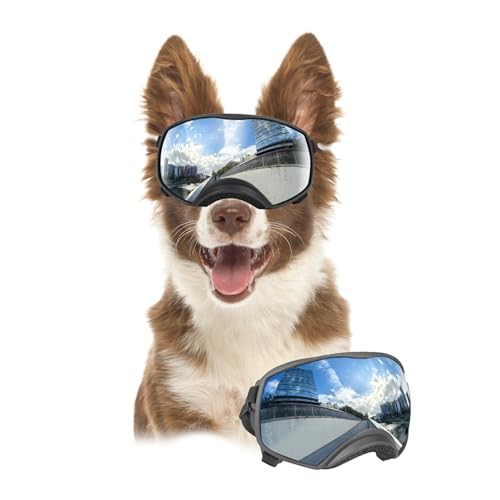 PETLESO Hundebrille für mittelgroße bis große Rassen, UV-Schutz, breite Version, winddicht, Augenbekleidung für Autofahren/Reiten/Wandern, verstellbar, silberfarbene Spiegelgläser von PETLESO