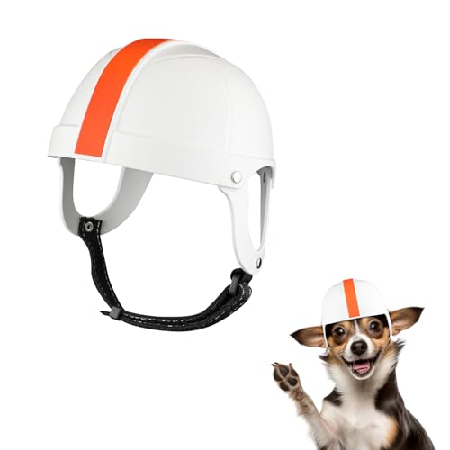 PETLESO Hundehelm, Motorradhelm für kleine Hunde und Katzen, harte Sicherheitskappe mit verstellbarem Gürtel, Kopfschutz für Welpen, Outdoor-Reiten, Weiß-Orange, Größe S von PETLESO