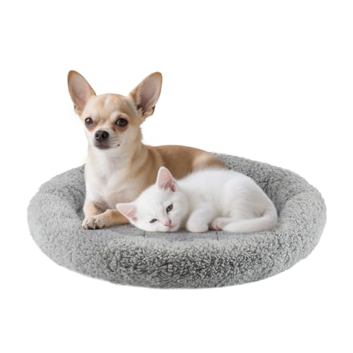 PETLESO Katzenbetten für Hauskatzen, rund, selbstwärmend, mit Kissen, rutschfeste Unterseite, weiches Plüschkissen für kleine bis mittelgroße Hunde, waschbar, Grau von PETLESO