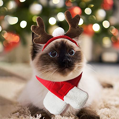 PETLESO Kleine Hunde Kostüm Weihnachtskostüm Katze Weihnachtsmann Kostüm Haustier Weihnachten Rentier Geweih mit Schal für Katze Kleiner Hund von PETLESO