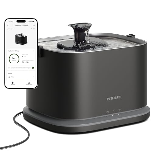 PETLIBRO Verbesserter Katzenbrunnen, Dockstream 2 Smart App-Überwachungs Trinkbrunnen für Katze, 3L Katzentrinkbrunnen Edelstahlschale zum Trinken im Innenbereich, 5G WiFi Wasserbrunnen Hund, Schwarz von PETLIBRO