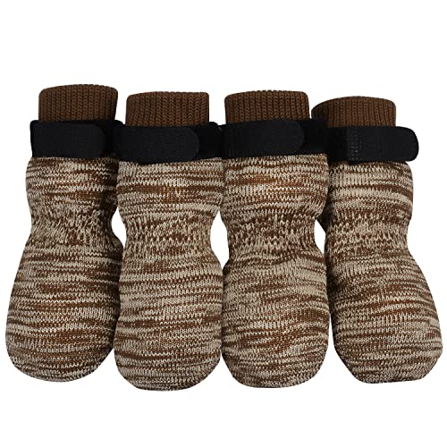 PETLOFT Anti-Rutsch Hundesocken, 4 Stück Indoor rutschfest Hundesocken mit Einstellbar Abnehmbar Befestigungsband für Kleine Mittelgroße Hunde Katzen Welpen Altere Haustiere (2XL Hellbraun Pfote) von PETLOFT