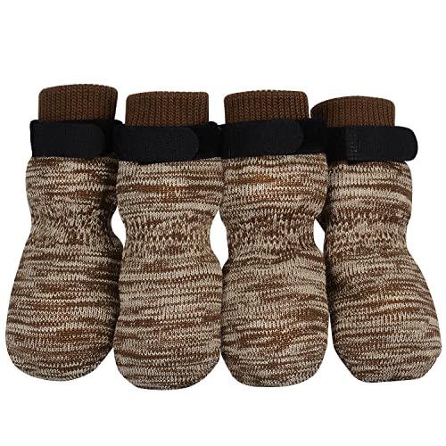 PETLOFT Anti-Rutsch Hundesocken, 4 Stück Indoor Rutschfest Hundesocken mit Einstellbar Abnehmbar Befestigungsband für Kleine Mittelgroße Hunde Katzen Welpen Altere Haustiere (2XL Hellbraun Pfote) von PETLOFT