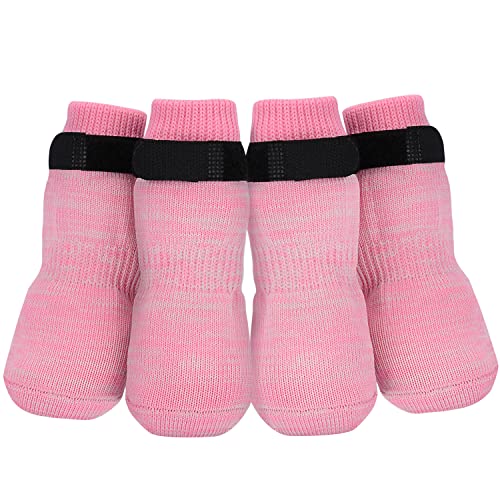 PETLOFT Anti-Rutsch Hundesocken, 4 Stück Indoor Rutschfest Hundesocken mit Einstellbar Abnehmbar Befestigungsband für Kleine Mittelgroße Hunde Katzen Welpen Altere Haustiere (2XL Rosa Pfote) von PETLOFT