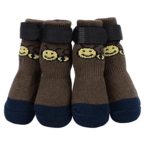 PETLOFT Anti-Rutsch Hundesocken, 4 Stück Indoor rutschfest Hundesocken mit Einstellbar Abnehmbar Befestigungsband für kleine mittelgroße Hunde Katzen Welpen Altere Haustiere (2XL, Braune Pfote) von PETLOFT