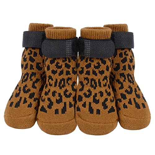 PETLOFT Anti-Rutsch Hundesocken, 4 Stück Indoor rutschfest Hundesocken mit Einstellbar Abnehmbar Befestigungsband für kleine mittelgroße Hunde Katzen Welpen Altere Haustiere (XL, Khaki Pfote) von PETLOFT