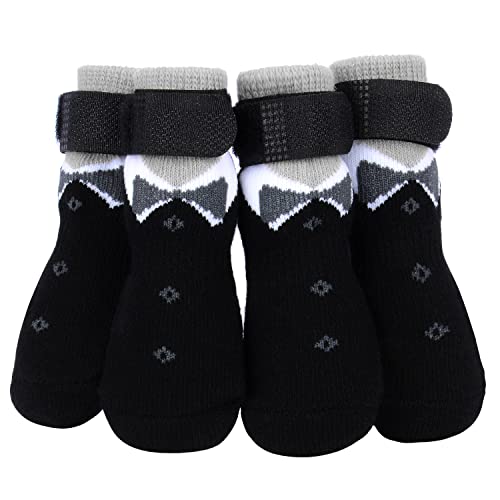 PETLOFT Anti-Rutsch Hundesocken, 4 Stück Indoor rutschfest Hundesocken mit Einstellbar Abnehmbar Befestigungsband für kleine mittelgroße Hunde Katzen Welpen Altere Haustiere (XL, Schwarze Pfote) von PETLOFT